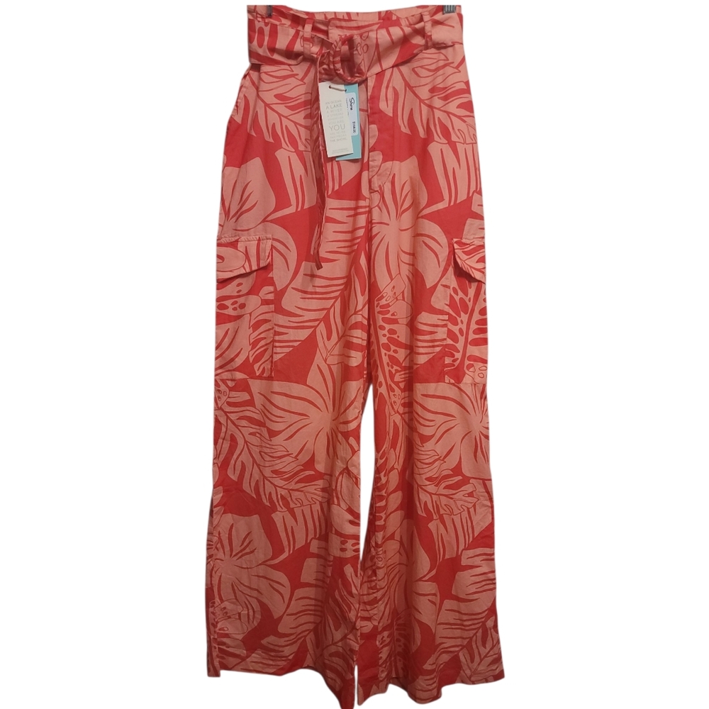 Shore Resort Wear W Dekota Cargo Pant Coral Palms With Belt High Waist Flare S - Picture 9 of 11